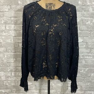 Free People Olivia Black Lace Balloon Sleeve Top Blouse Unlined Large